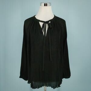 Muche Muchette One Size Black Pleated Tie V Neck Long Sleeve Woven Top Blouse